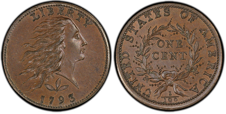 1793 Flowing Hair Cent. Wreath Reverse. S-5.  Vine and Bars Edge. MS-66 BN (PCGS). 